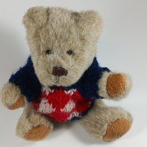HugFun Int'l Vintage Beige Teddy Bear 6" Navy Blue Red and White Sweater